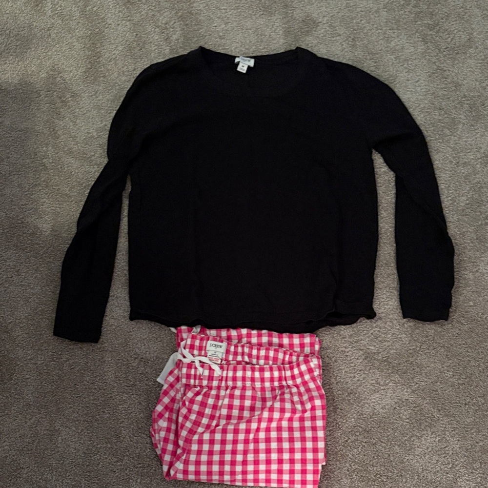 J. Crew Factory Black Long-Sleeve Top with Pink Gingham Pajama Pants.